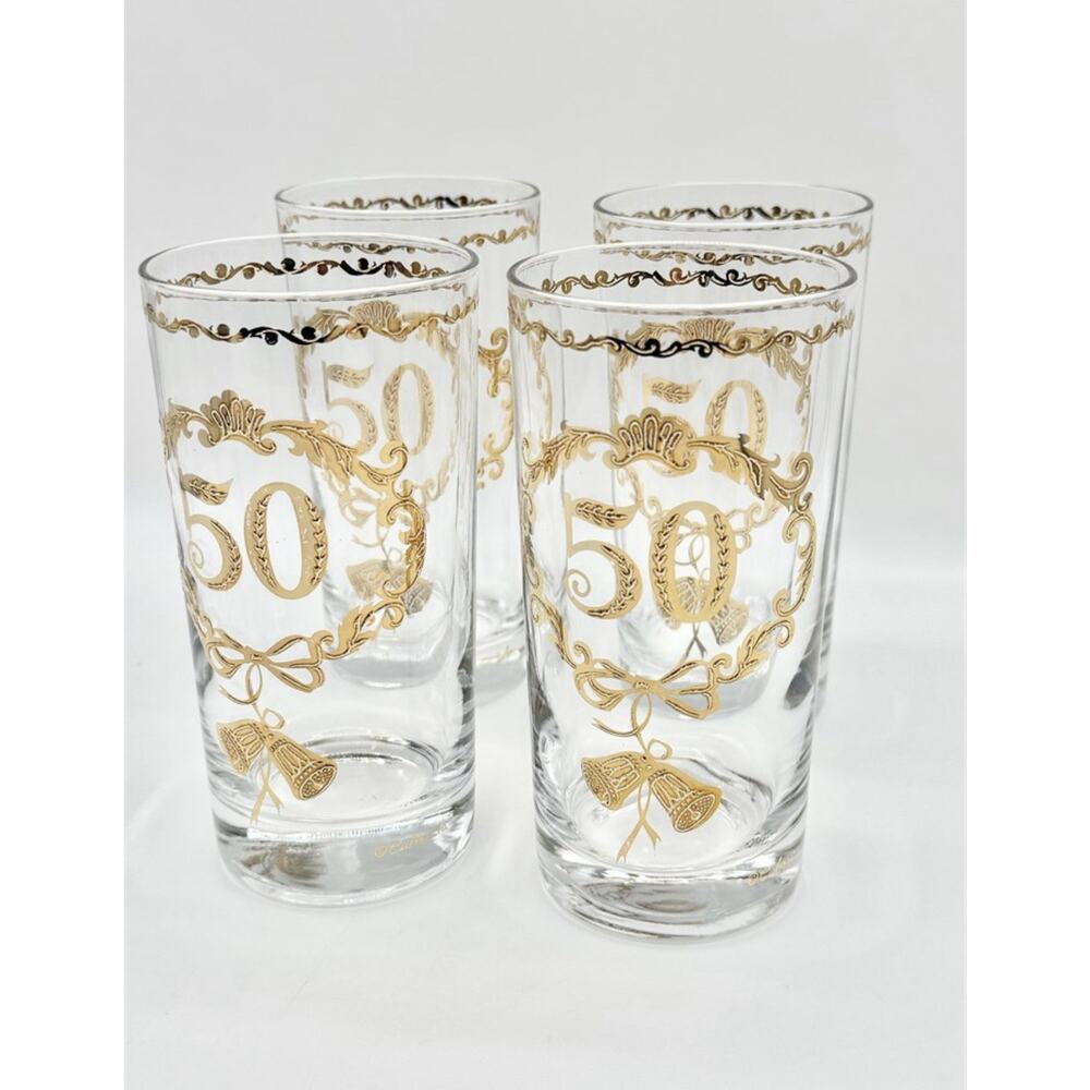 Set of 4 Vintage MCM Culver Glass Gold Filigree 50th Golden Anniversary Tumblers
